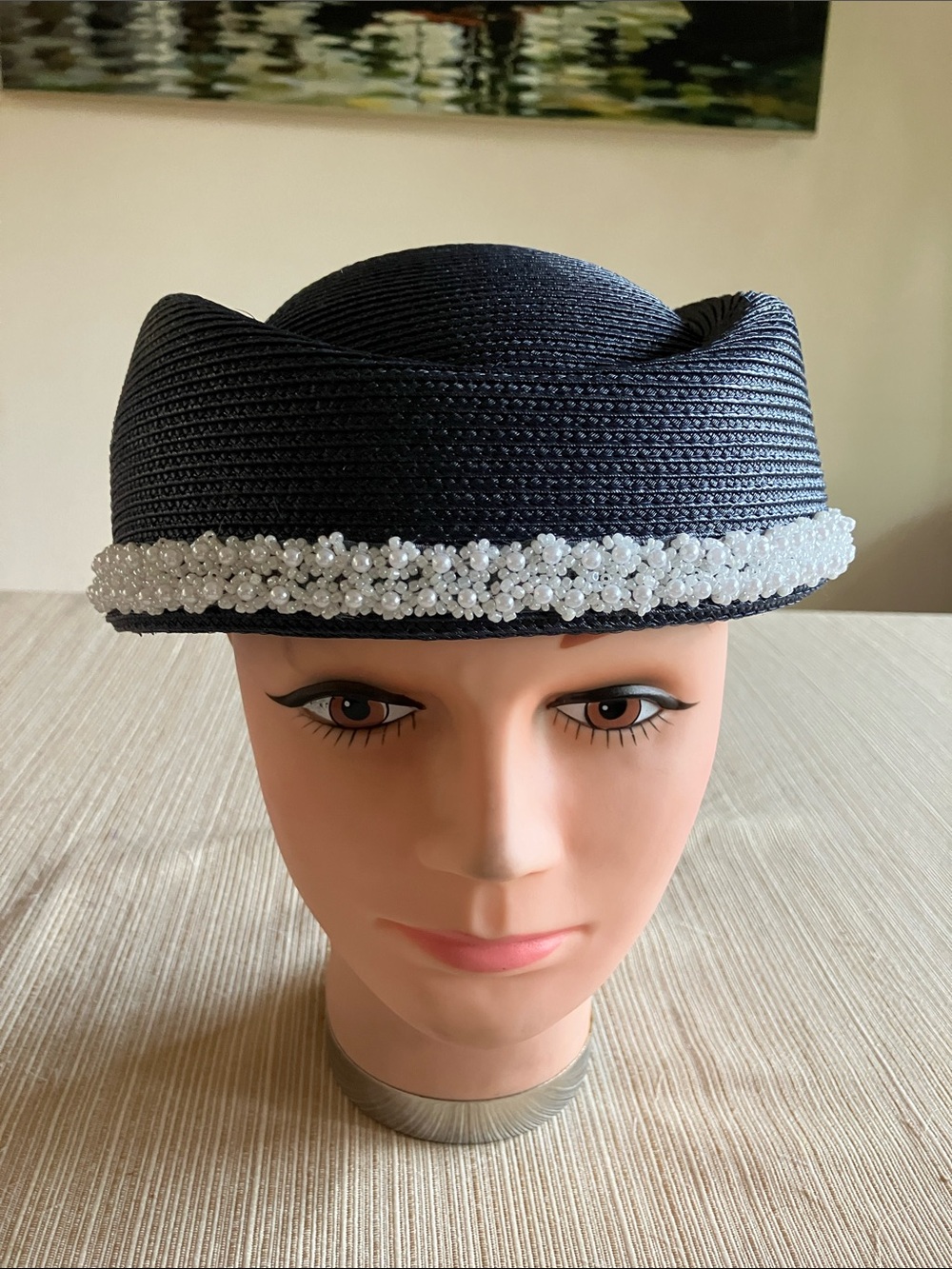 Classic Navy Straw Pillbox Hat with Pearl Trim